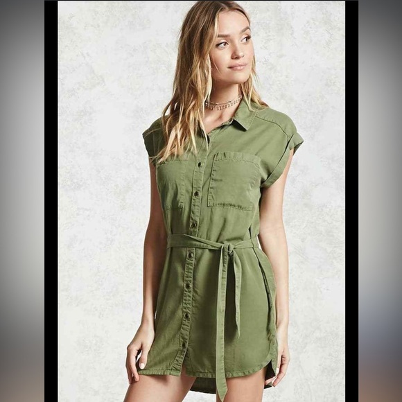 Forever 21 army green button down collared wrap sent waste dress - Picture 1 of 6